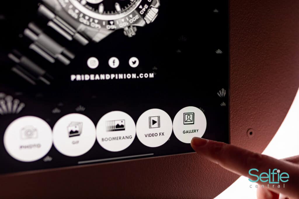 Touchscreen interface for photo booth control at Selfie Central Auckland.