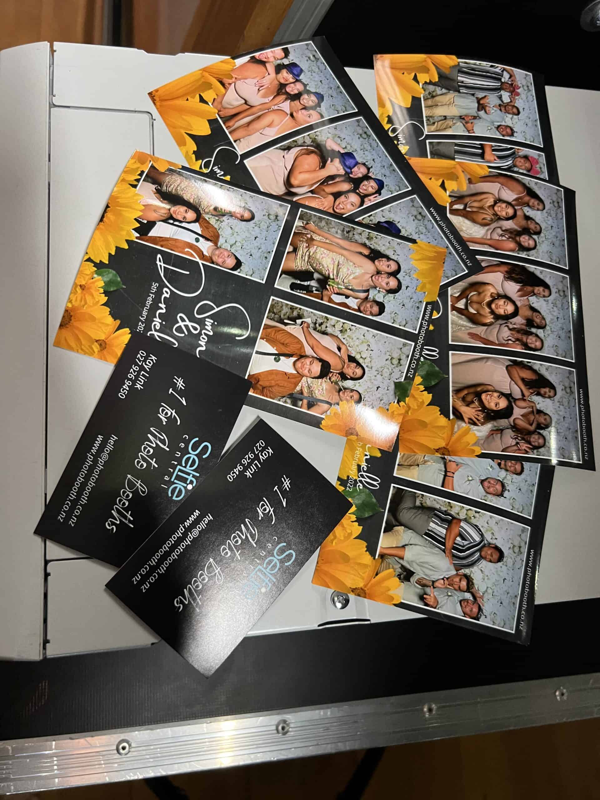 Photo booth flyers for Selfie Glam Cam Auckland event with group photos and branding.